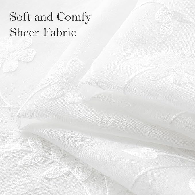 HOMEIDEAS White Sheer Curtains 84 Inches Long 2 Panels White Embroidered Floral - Image 4