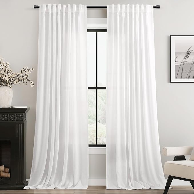 Long White Curtain 108 inches Long 2 Panels Set Back Tab Light Filtering Cotton by Jolilight