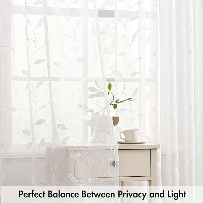 MIULEE White Sheer Curtains 2 Panels Embroidered Leaf Patterned Rod Pocket - Image 5