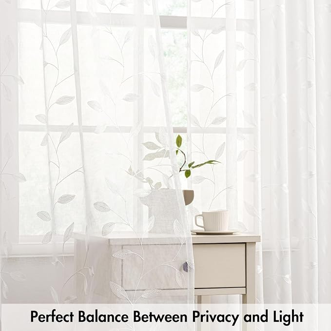 MIULEE White Sheer Curtains 2 Panels Embroidered Leaf Patterned Rod Pocket - Image 5