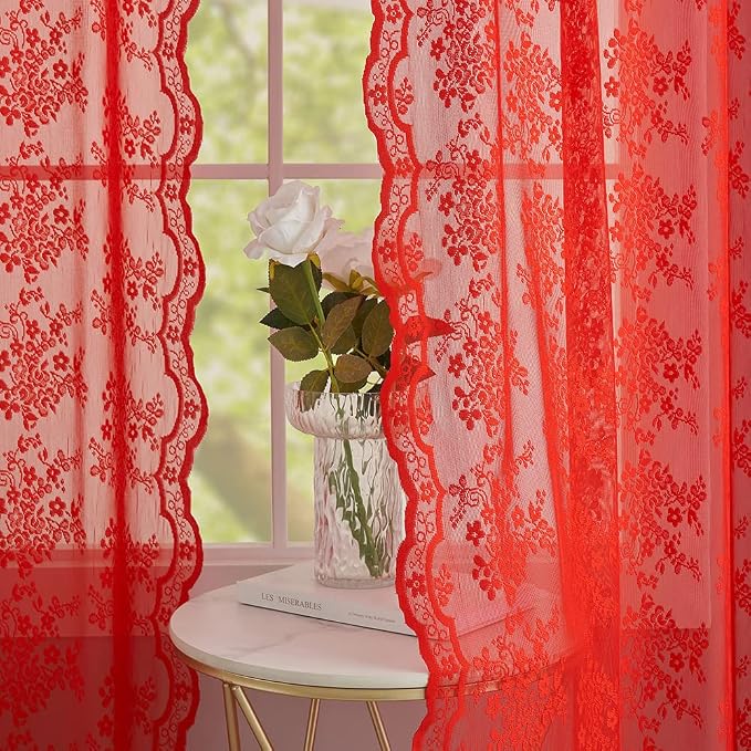 YJ YANJUN Vintage Lace Curtains 84 Inches Long-Victorian Floral Pattern Red - Image 3