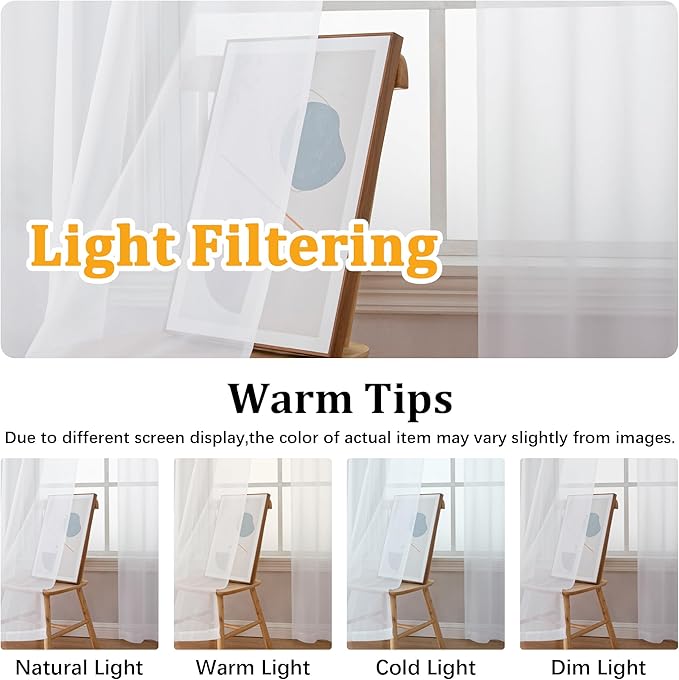 Gwine White Sheer Kitchen Curtains 36 Inch Length, Light Filtering Voile Soft - Image 5