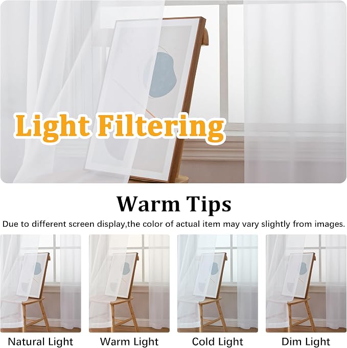 Gwine White Sheer Curtains 48 Inches Long 2 Panels Set, Light Filtering Sheer - Image 5