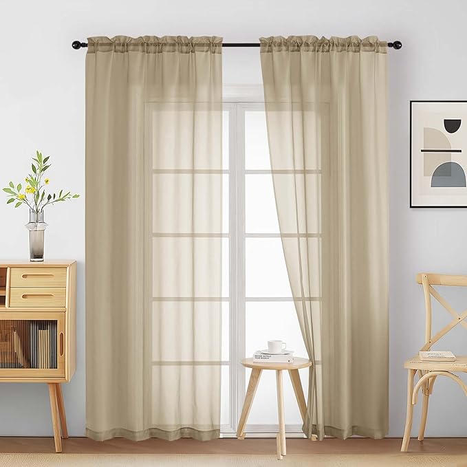 Taupe Sheer Curtains 84 Inches Long 2 Panels, Elegant Airy Transparent Light by Home