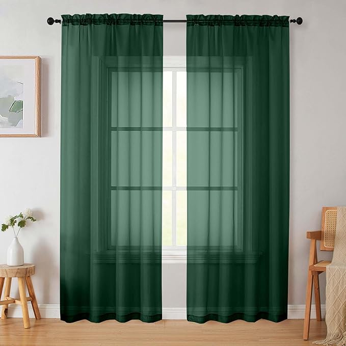 Hunter Green Sheer Curtains 84 Inches Long 2 Panels, Soft Airy Light Filtering by WelvetBLK