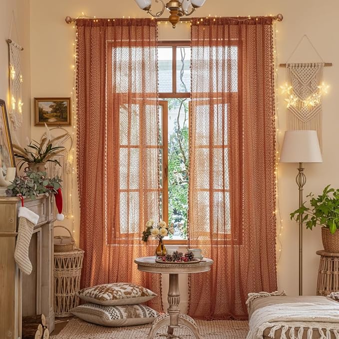 WAZZIO Boho Lace Curtains 84 Inches 2 Panel, Light Filtering Privacy Tassel & - Image 2