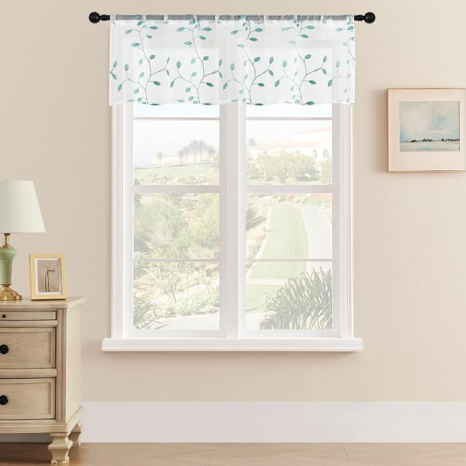 MRTREES Sheer Christmas Curtain Valance, 2 Panels Leaves Embroidered Small by MRTREES