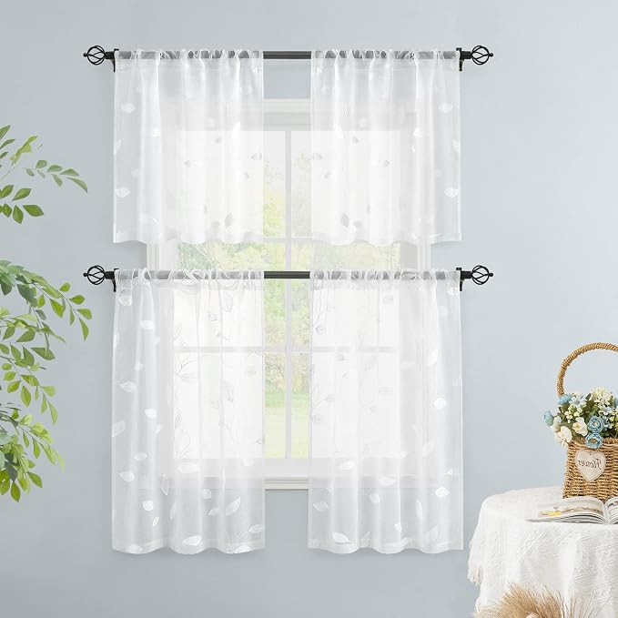 HOMEIDEAS White Sheer Kitchen Curtains 30 X 24 Inch Length 2 Panels Embroidered - Image 5