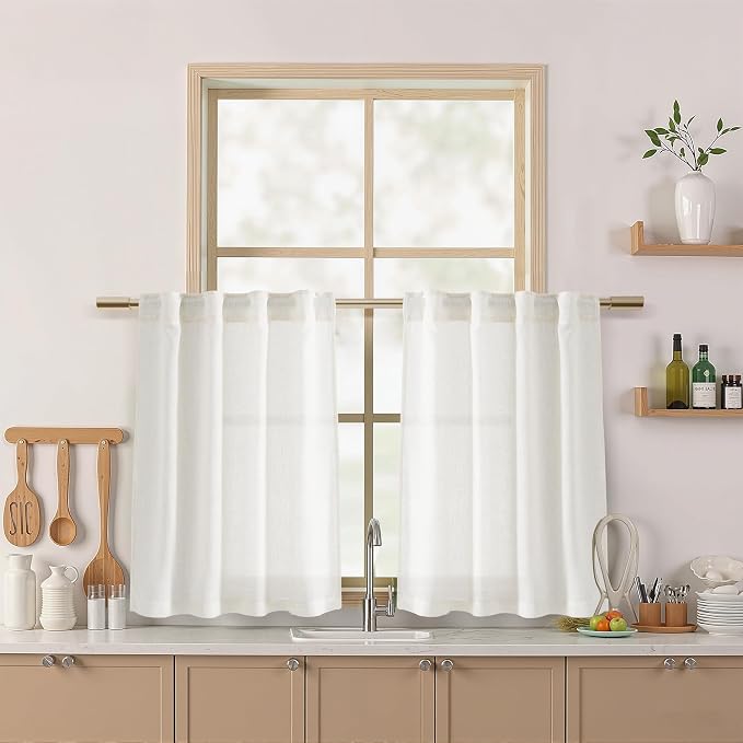 Beige White Linen Curtains for Kitchen Windows Over Sink Neutral 30 Inch Length by Nanspring