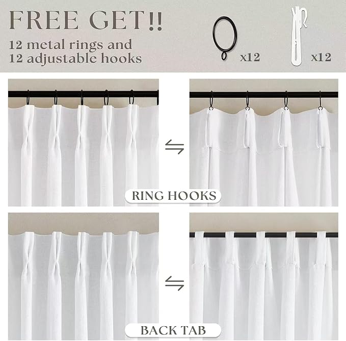 White Pinch Pleated Extra Wide Linen Curtains W60xL84 Inches Long | Linen Blend - Image 4