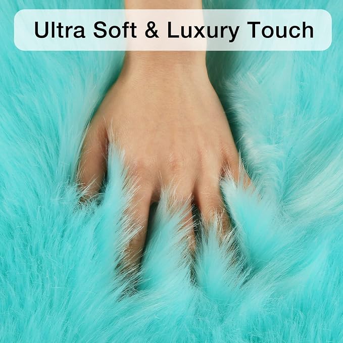 duduta Turquoise Blue Sheepskin Rug 2x3 ft, Small Faux Fur Chair Covers | Shag - Image 5