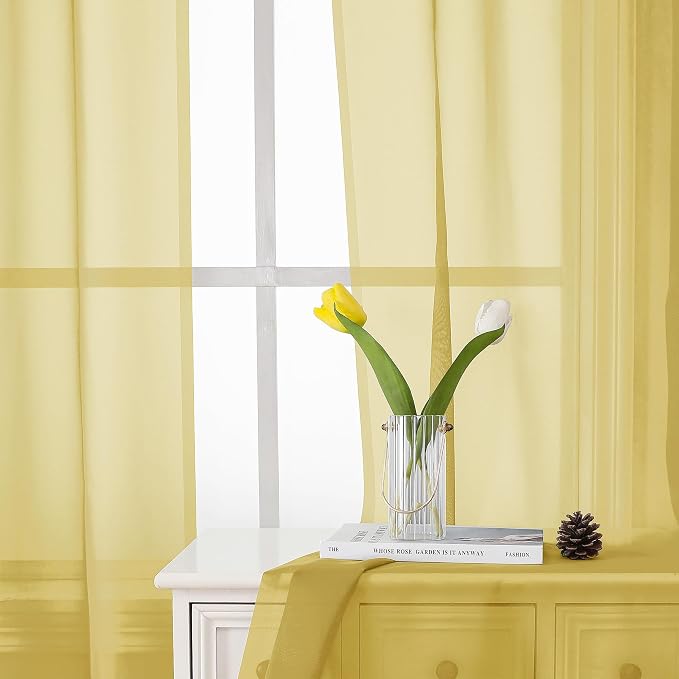 Lecloud Yellow Sheer Curtains 54 Inch Length 2 Panels, Light Filtering Voile - Image 4
