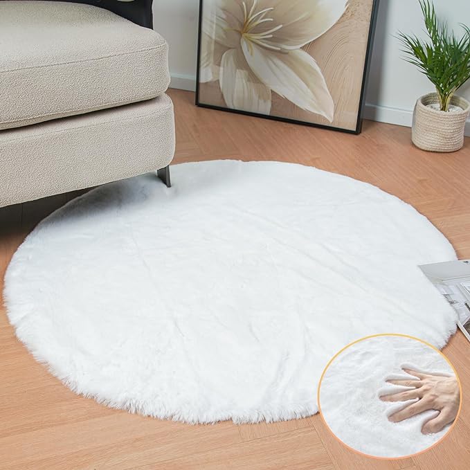 ORINOVA White Faux Rabbit Washable Fur Area Rugs Circle Rugs - Image 2