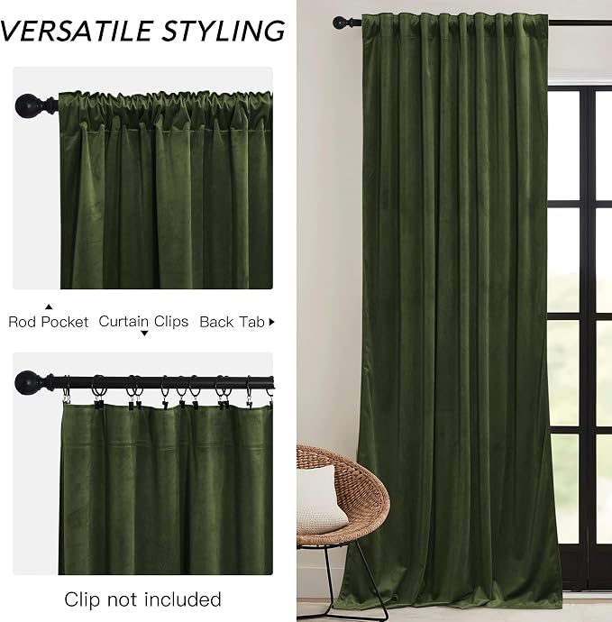 RYB HOME Olive Green Velvet Curtains - Image 3