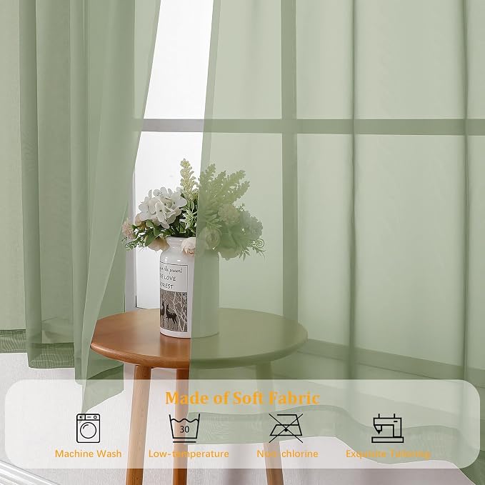 Gwine Sheer Sage Green Curtains 96 Inches Long 2 Panels Set, Light Filtering - Image 7