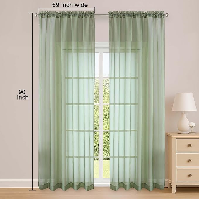OWENIE Sage Green Sheer Curtain 90 Inches Long 2 Panels Set, Solid Filmy Drapes - Image 6