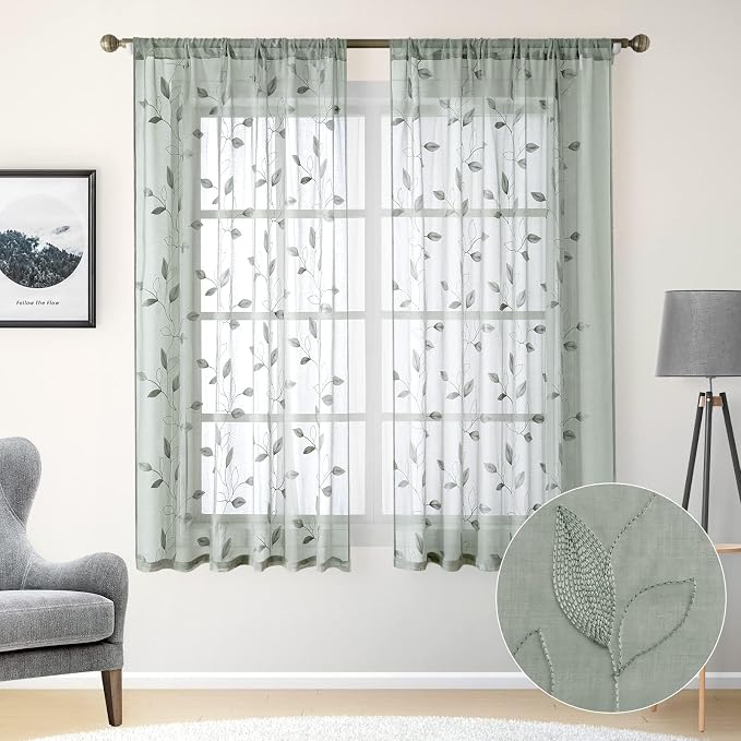 HOMEIDEAS Sage Green Sheer Curtains 52 X 63 Inches Length 2 Panels Embroidered - Image 2