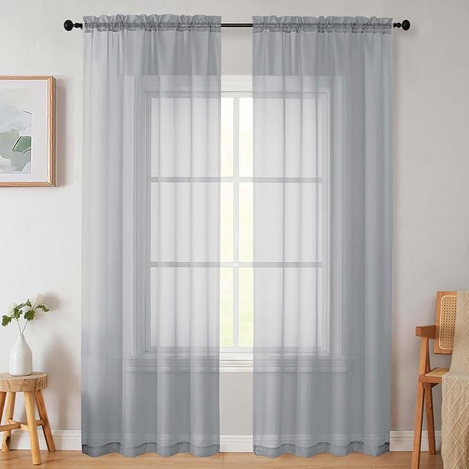 Sheer Light Grey Curtains for Bedroom Living Room 90 Inches Long 2 Panels Set by WelvetBLK