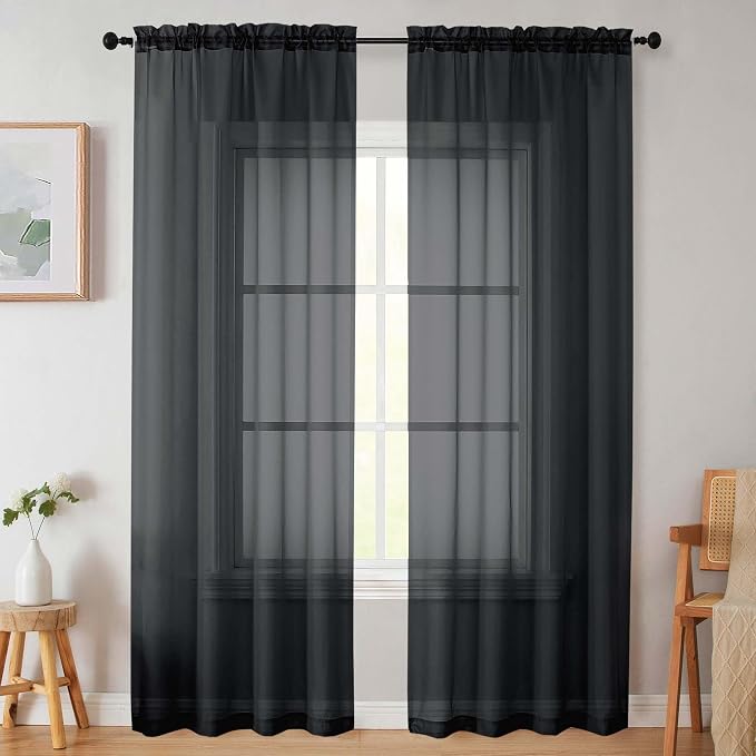 Sheer Black Curtains for Bedroom Living Room 90 Inches Long 2 Panels Set by WelvetBLK