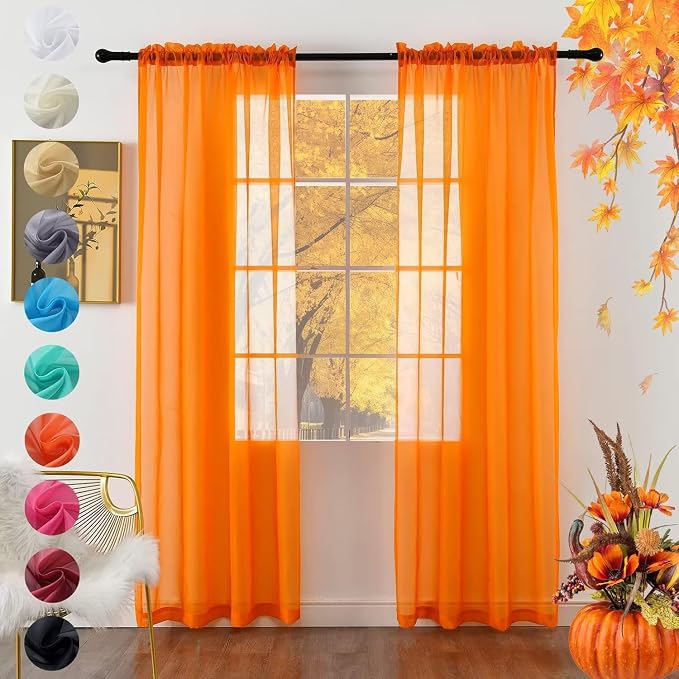 youleyar Solid Sheer Rod Pocket Curtain Voile Draperies 2 Panels Orange Beige by Youleyar