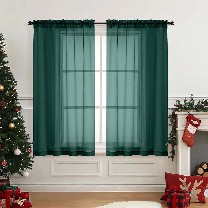 Green Window Sheer Curtains 45 Inches Length, Voile Short Curtains by Home