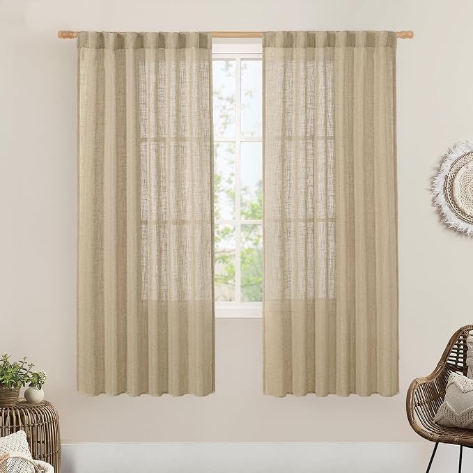 LAMIT Brown Linen Boho Curtains 68 inch Length 2 Panels, Light Filtering Semi by LAMIT