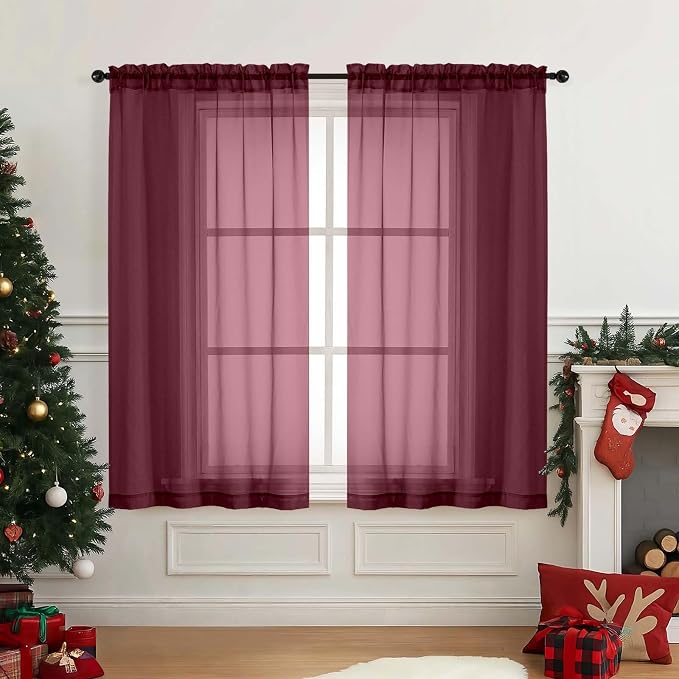 Burgundy Window Sheer Curtains 54 inch Length, Soft Airy Light Filtering Sheer by Home