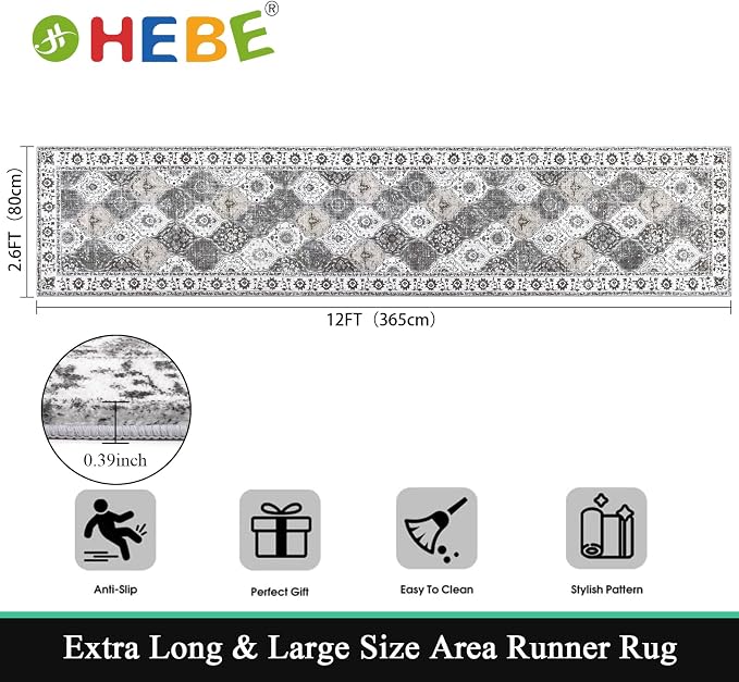 HEBE Hallway Runner Rug 2'8''x12' Washable Vintage Distressed Area Rugs Non - Image 2