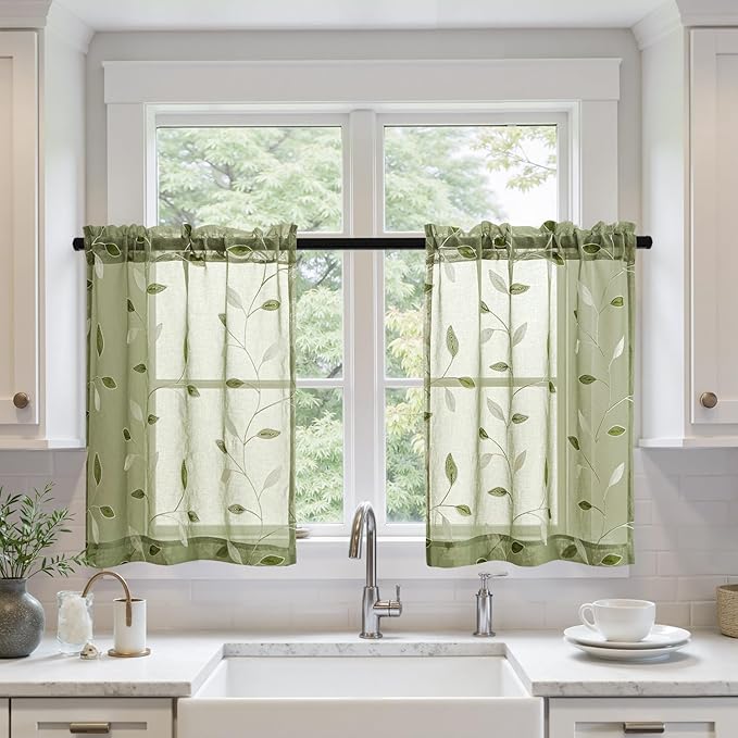 MIULEE Sage Green Sheer Kitchen Curtains 30x36 Inches Length 2 Panels by MIULEE