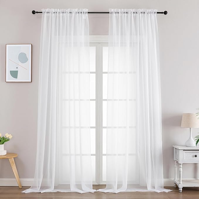 Gwine Sheer White Curtains 96 Inches Long 2 Panels Set, Light Filtering Voile by Gwine