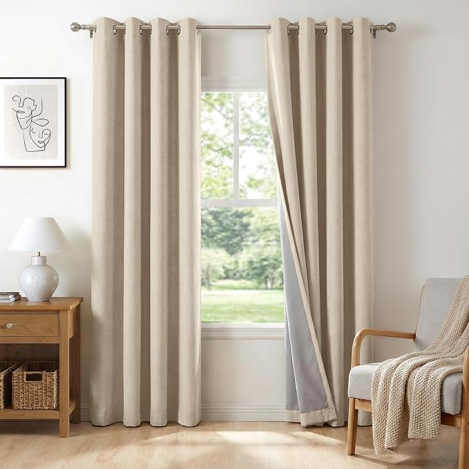100% Blackout Linen Textured Curtains 108 Inch Long, Natural Flax | 100% by 100BlackoutShield