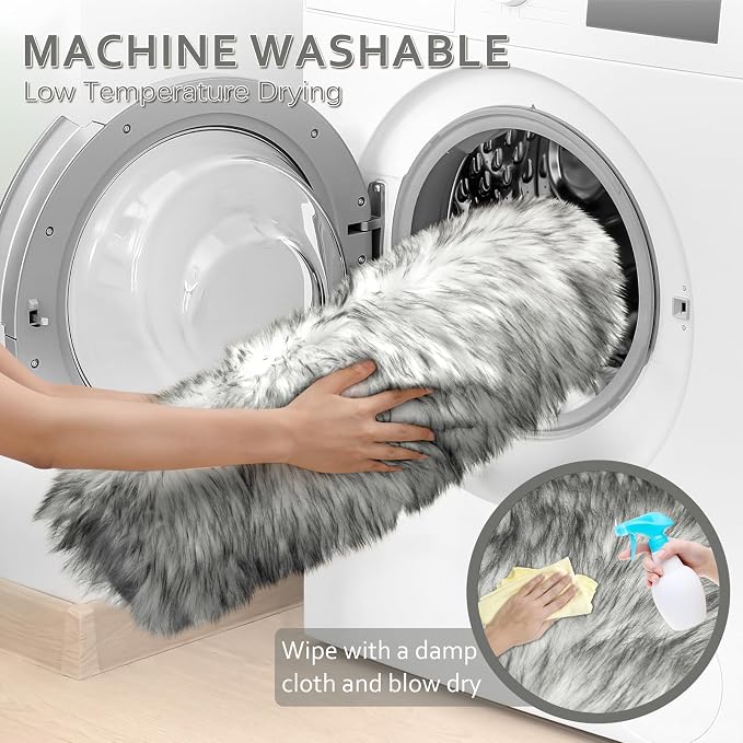 Ciicool Faux Sheepskin Rugs Soft Faux Fur Rug White Gradient Sliver Black - Image 6