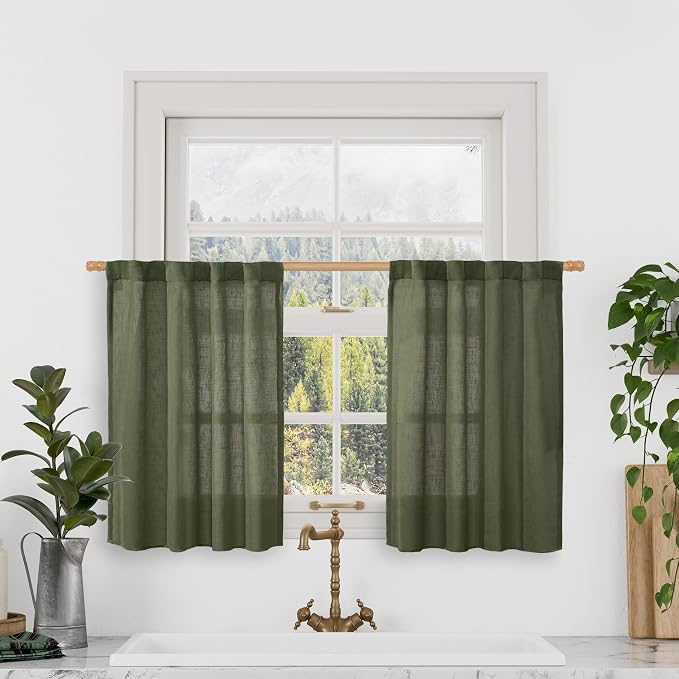 LAMIT Christmas Short Linen Curtains 36 Inch Length 2 Panels, Olive Green Light by LAMIT