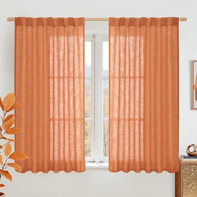 LAMIT Semi Sheer Linen Curtains 45 Inches Long, Light Filtering Panels Back Tab by LAMIT