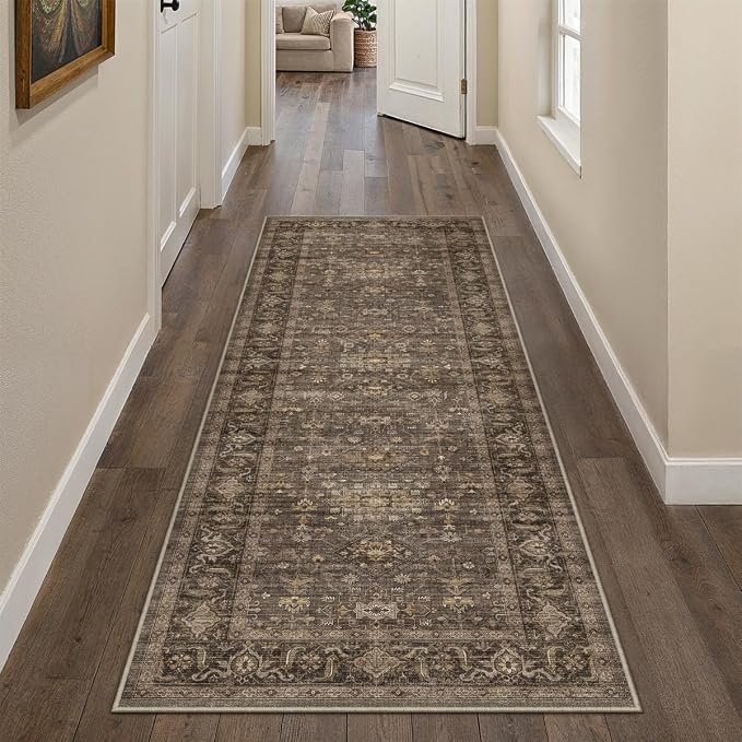 2x6 Washable Runner Rug for Hallway Kitchen Vintage Brown Non Slip Low Pile - Image 5