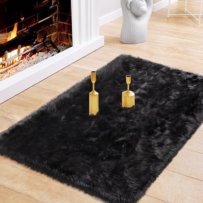 Ciicool Black Fur Fluffy Rug, 2x4 ft Small Faux Fur Rug by CIICOOLHomeDeco