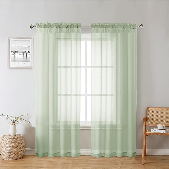 Lecloud Light Green Sheer Curtains 72 Inches Long 2 Panels, Soft Voile Light by Lecloud