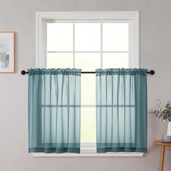 Dusty Blue Kitchen Curtains 30 Inch Length Tier 2 PCS, Solid Soft Half Curtains by WelvetBLK