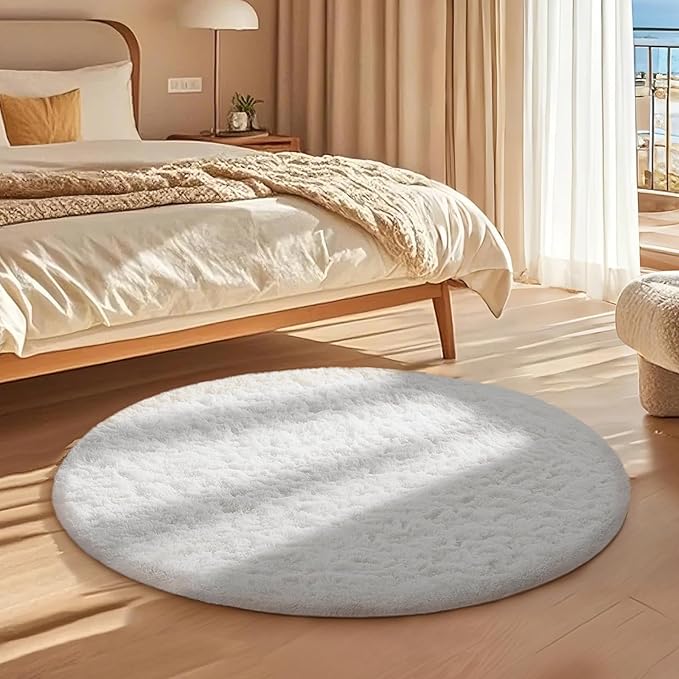 Ophanie White Round Rug 4Ft Circle Area Rug, Aesthetic Room Decor, Fluffy Fuzzy - Image 5