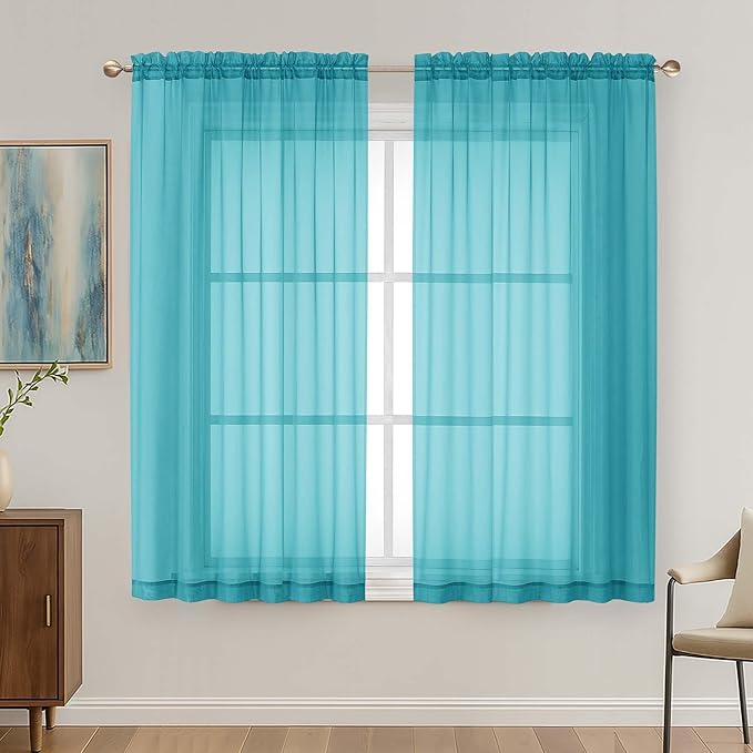 OVZME Turquoise Sheer Curtains 63 Inches Long 2 Panels Set, Light Filtering by OVZME