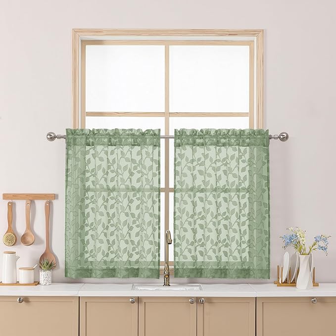 Chyhomenyc Sage Green Sheer Curtains 30 Inch Length, Light Filtering Leaf by Chyhomenyc