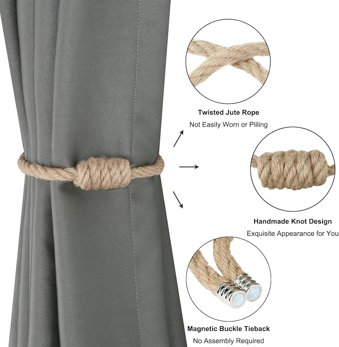 BEL AVENIR Magnetic Jute Curtain Tiebacks, Decorative Drapery Holdbacks - Image 4