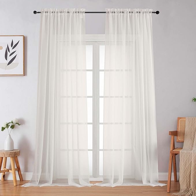 Ivory Sheer Curtains for Bedroom Living Room 96 Inches Long 2 Panels, Modern by WelvetBLK