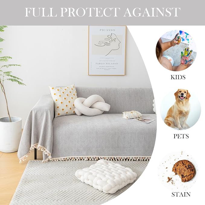 HANDONTIME Grey Sofa Cover for Couch Boho Couch Cover for 3 Seat Dog Couch - Image 4