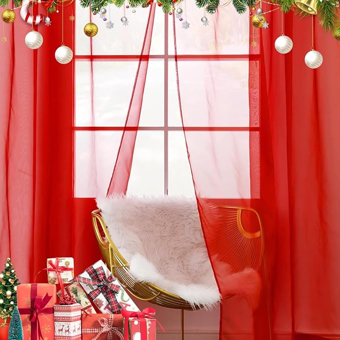 youleyar Solid Sheer Rod Pocket Curtain Voile Draperies 4 Panels White Beige - Image 3