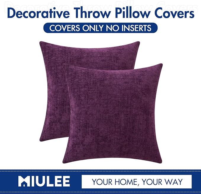 MIULEE Pack of 2 Couch Throw Pillow Covers 18x18 Inch Soft Plum Purple Chenille - Image 6