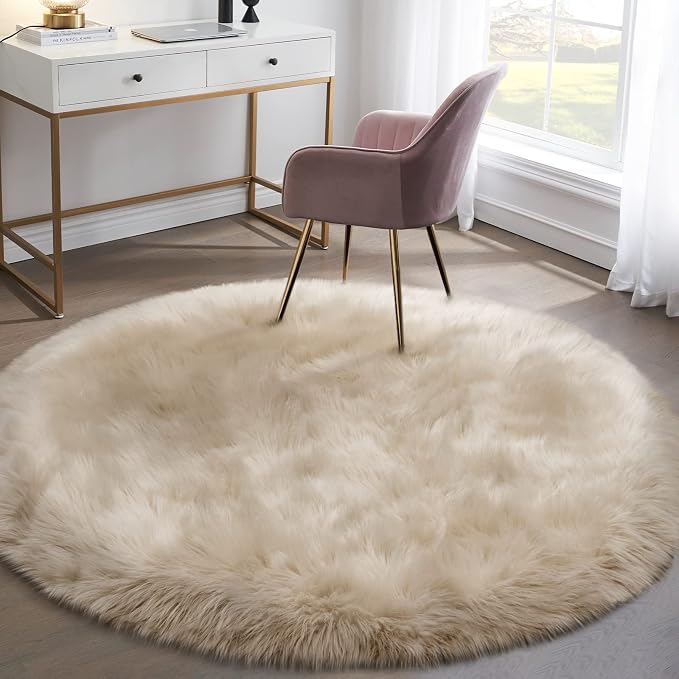 Tangsoo Round Faux Fur Rugs, Sheepskin Round Rugs 3ft, Soft Small Circle Rug - Image 5