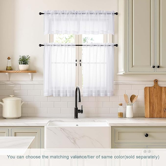 White Sheer Curtains Tier 36 Inches Length 2 Panels Set, Light Filtering - Image 2