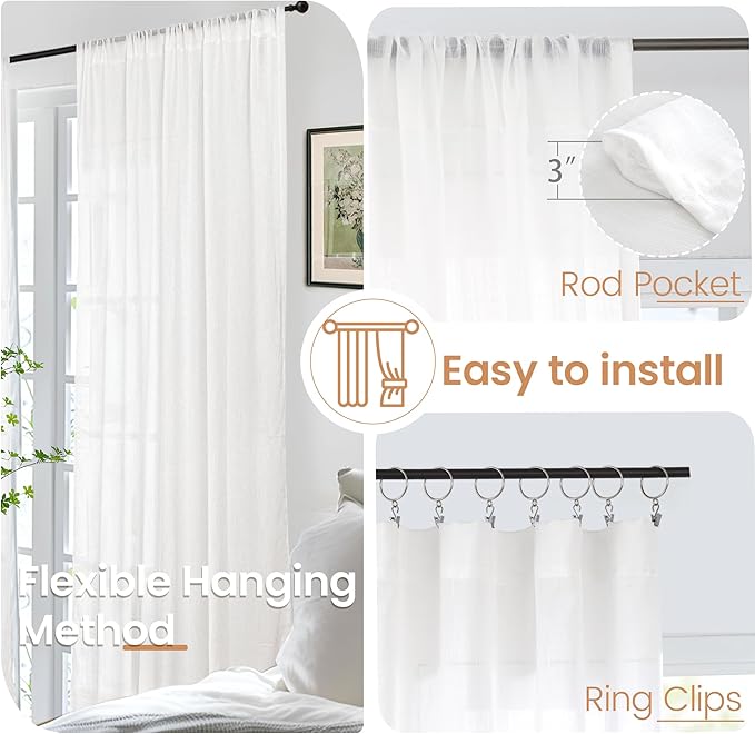 BGment White Linen Cafe Curtains 36 Inch Length, Small Drapes Semi Sheer - Image 5