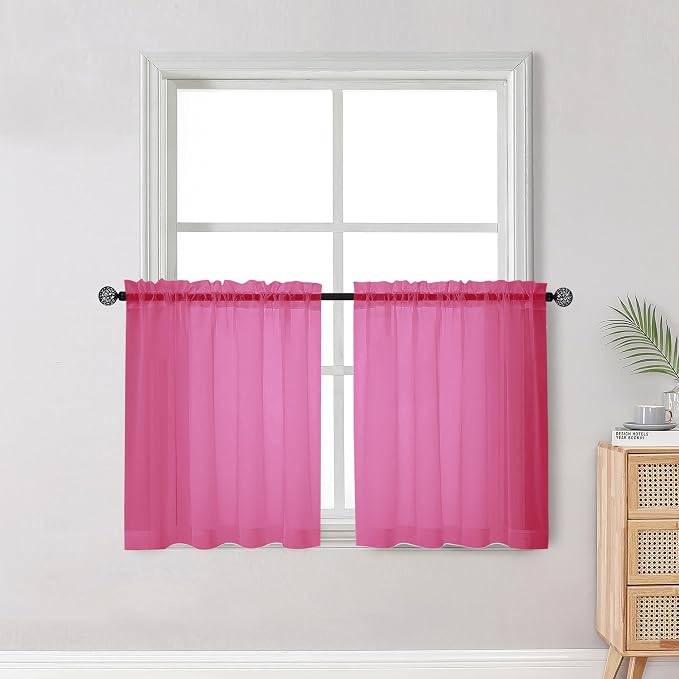 OWENIE Short Hot Pink Sheer Curtains 30 Inch Length 2 Panels Set, Kitchen by OWENIE